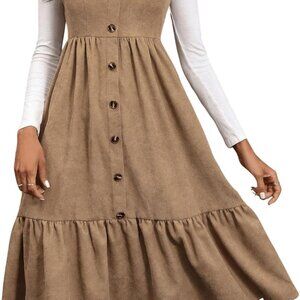 Women's Khaki Corduroy Sleeveless Pinafore Dress 100% Polyester Midi